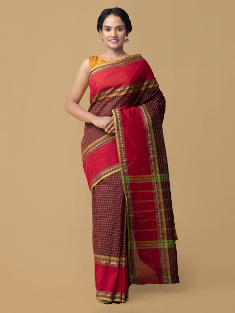 

Unnati Silks Maroon Pure Cotton Checked Chettinad Saree