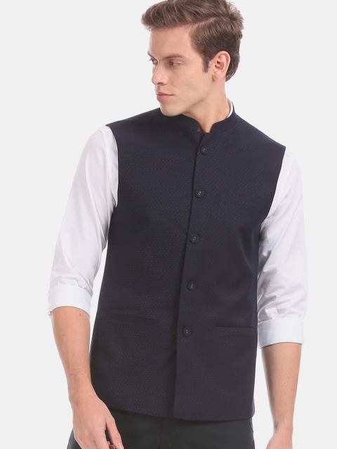 

True Blue Men Navy Blue Slim Fit Printed Nehru Jacket