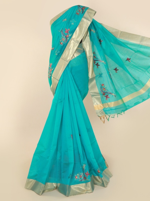 

Pothys Blue & Gold-Toned Silk Cotton Embroidered Saree