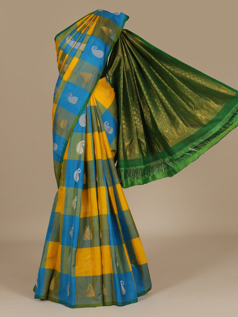 

Pothys Yellow & Blue Pure Silk Checked Saree