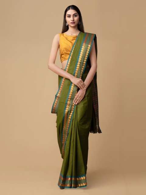 

Unnati Silks Olive Green Pure Cotton Solid Kanjeevaram Handloom Saree