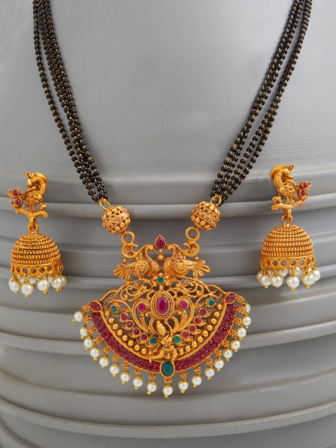 

Alankruthi Gold-Plated Pink & White Beads and Pearls Studded Multistranded Jewellery Set
