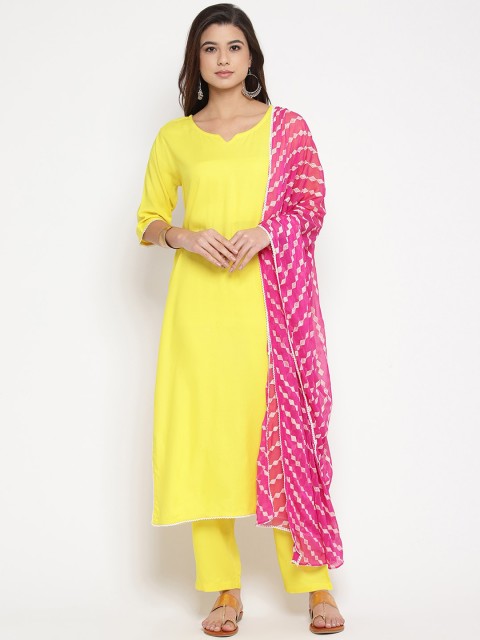 

Prakhya Women Yellow & Pink Solid Kurta with Trousers & Dupatta