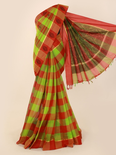 

Pothys Green & Red Pure Cotton Checked Saree