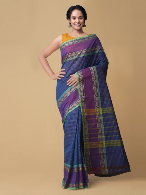 

Unnati Silks Navy Blue Pure Cotton Striped Chettinad Saree