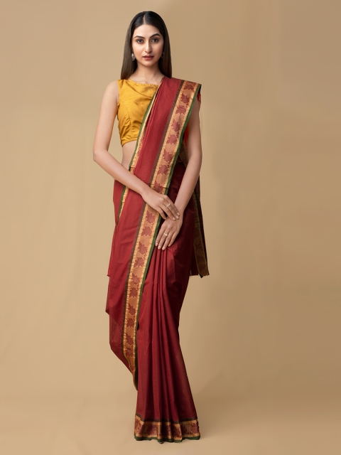 

Unnati Silks Red Pure Cotton Solid Kanjeevaram Saree