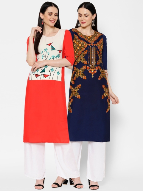 

7Threads Women Set of 2 Printed Straight Kurta, Blue