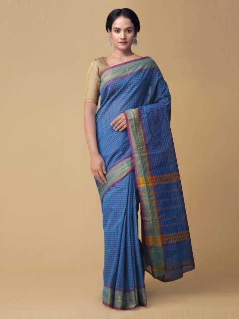 

Unnati Silks Blue Pure Cotton Checked Chettinad Saree