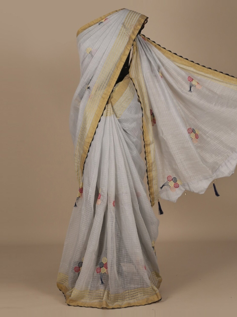 

Pothys Grey & Yellow Linen Blend Striped Saree