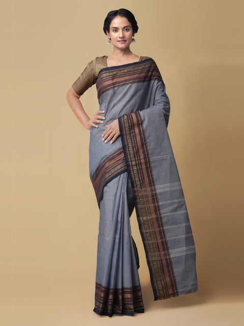 

Unnati Silks Grey Pure Handloom Cotton Solid Chettinad Saree