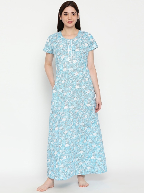 

XIN Women Blue & White Printed Maxi Nightdress