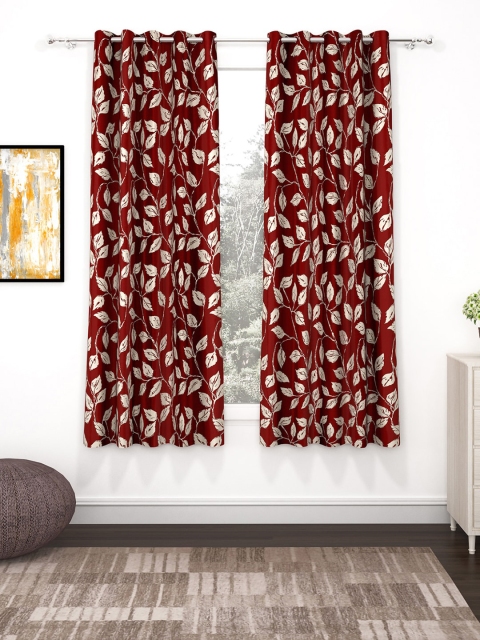 

Bedspun Set Of 2 Red & Beige Printed Polyetser Eyelet Ringtop Window Curtains-5 feet