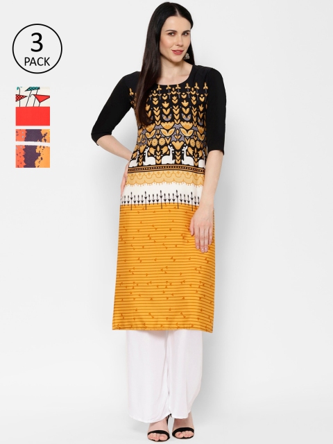 

7Threads Women Pack Of 3 Printed Straight Kurtas, Black