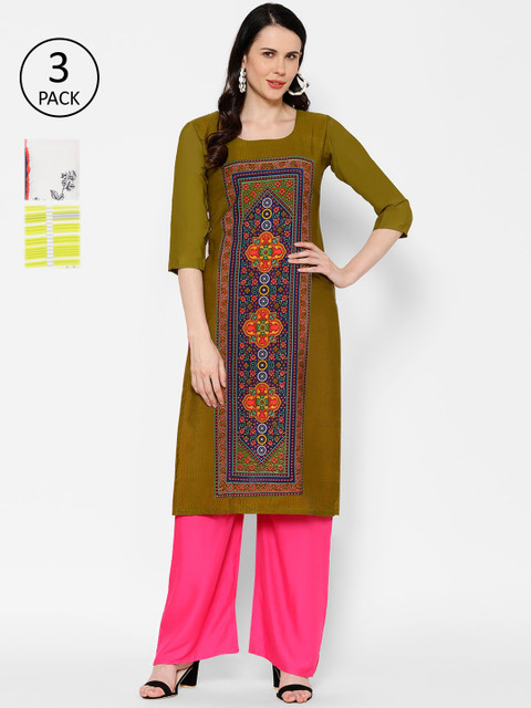 

7Threads Women Pack of 3 Multicoloured Embroidered Straight Kurtas, Multi