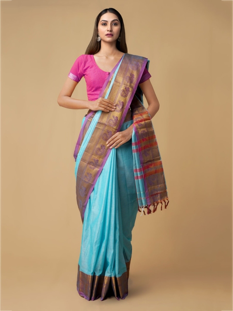 

Unnati Silks Blue & Gold-Coloured Pure Cotton Striped Handloom Narayan Peth Saree
