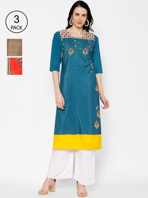 

7Threads Women Multicoloured Set of 3 Printed Straight Kurta, Multi