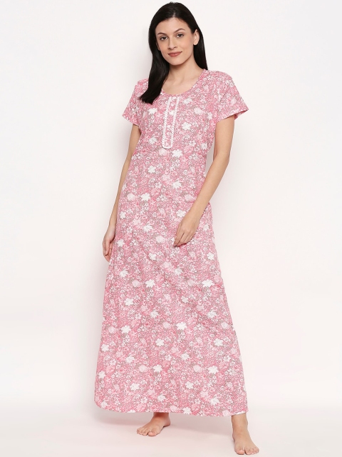 

XIN Women Pink & White Printed Maxi Nightdress