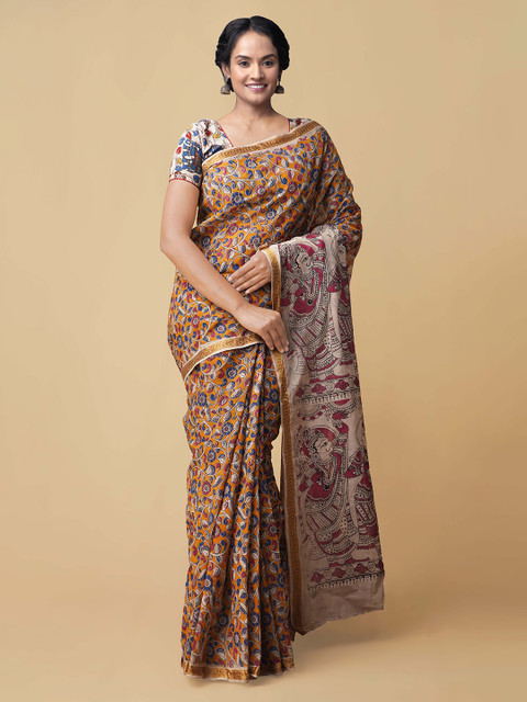 

Unnati Silks Yellow & Brown Pure Cotton Printed Kota Saree