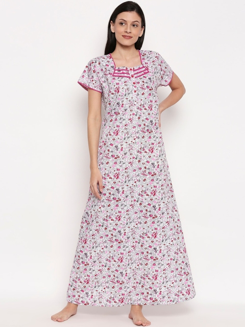 

XIN Women Pink & White Printed Maxi Night Dress