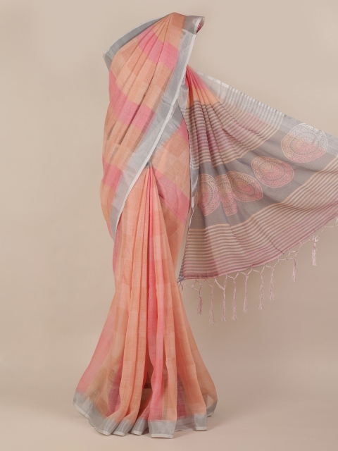 

Pothys Peach-Coloured Checked Linen Blend Saree
