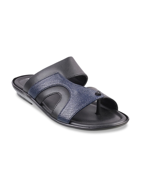 Metro Men Black & Blue Solid Leather Comfort Sandals