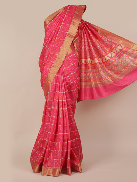 

Pothys Pink Printed Jute Silk Saree