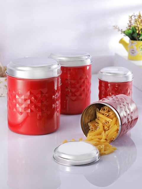 

Jensons Set of 4 Red & Silver-Toned Diamond Embossed Progetto Series Stainless Steel Canister with Lid