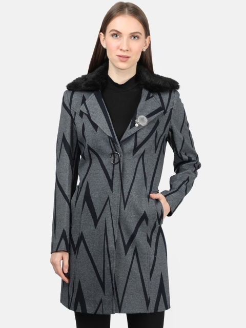 

Monte Carlo Women Grey & Black Printed Single-Breasted Overcoat