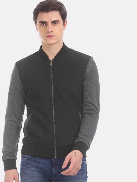 

True Blue Men Charcoal Grey & Black Solid Bomber Jacket