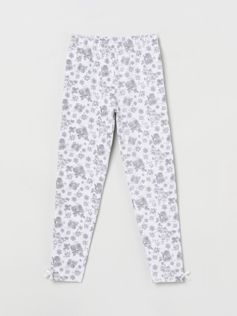max Girls White & Grey Floral Print Ankle-Length Leggings