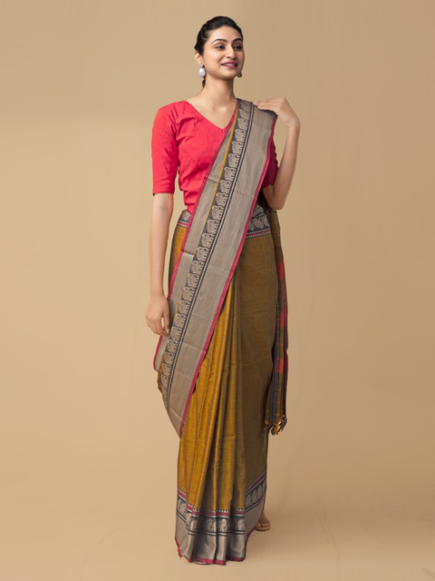 

Unnati Silks Mustard Yellow Pure Cotton Woven Design Narayan Peth Saree