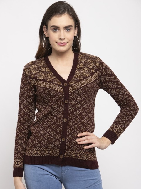 

Kalt Women Maroon & Beige Printed Cardigan