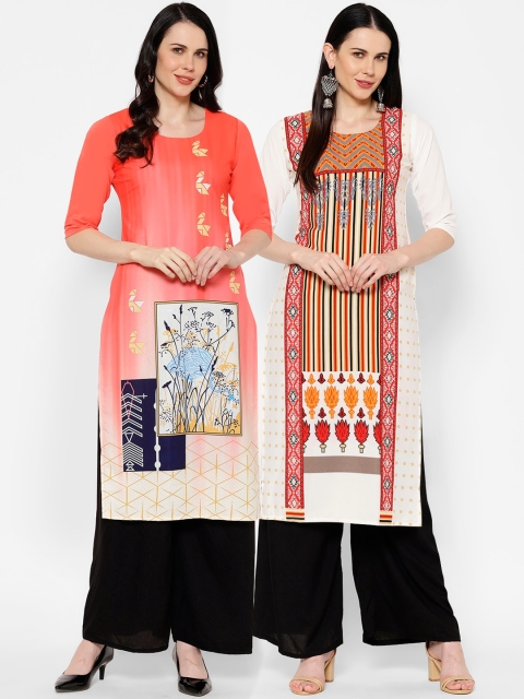 

7Threads Women Set of 2 Printed Straight Kurta, Peach