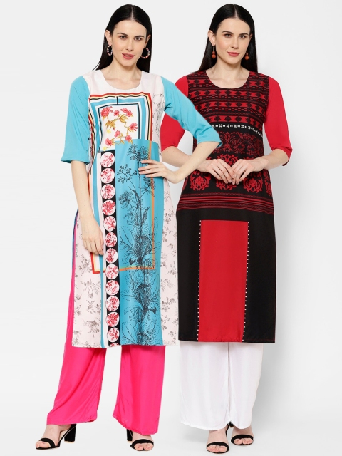 

7Threads Women Set Of 2 Multicoloured Printed Straight Kurta, Blue