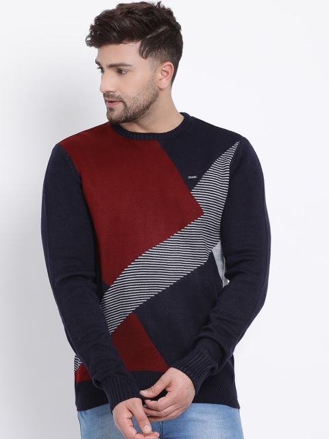 

COBB Men Maroon & Navy Blue Colourblocked Pullover Sweater