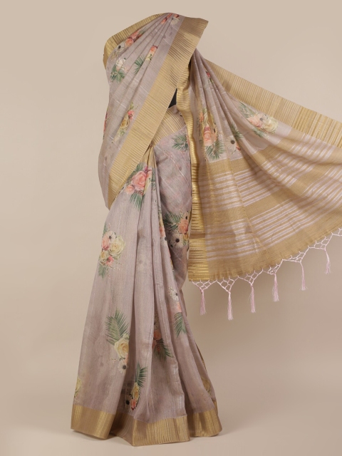 

Pothys Grey & Green Linen Blend Printed Saree