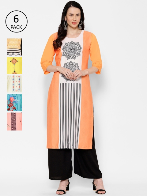 

7Threads Women Pack Of 6 Multicoloured Printed Straight Kurtas, Multi