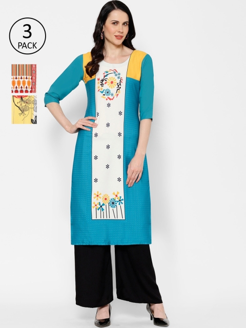 

7Threads Women Pack Of 3 Printed Straight Kurtas, Blue