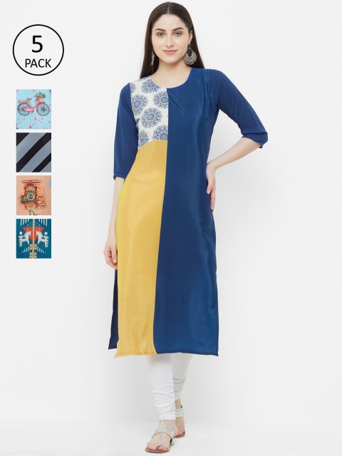

7Threads Women Pack Of 5 Printed Straight Kurtas, Blue