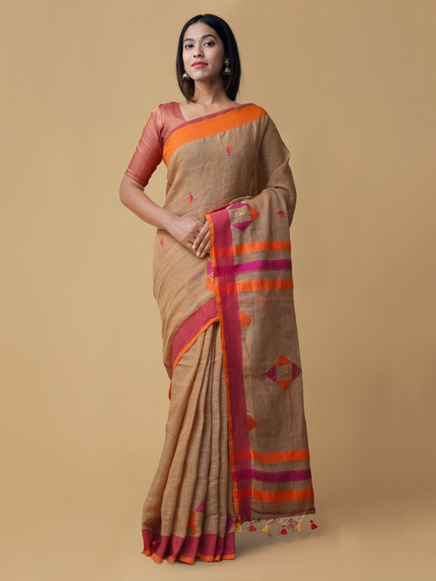 

Unnati Silks Brown Pure Linen Woven Design Jamdani Saree