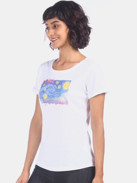 

Sugr Women Off-White Printed Round Neck Cotton T-shirt