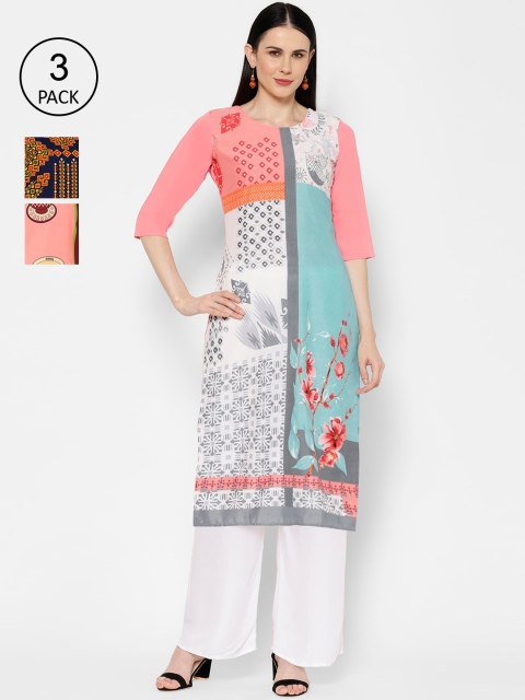 

7Threads Women Set Of 3 Blue & Pink Printed Straight Kurta