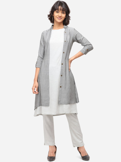 

Yuvraah Women Grey & White Striped Layered A-Line Kurta