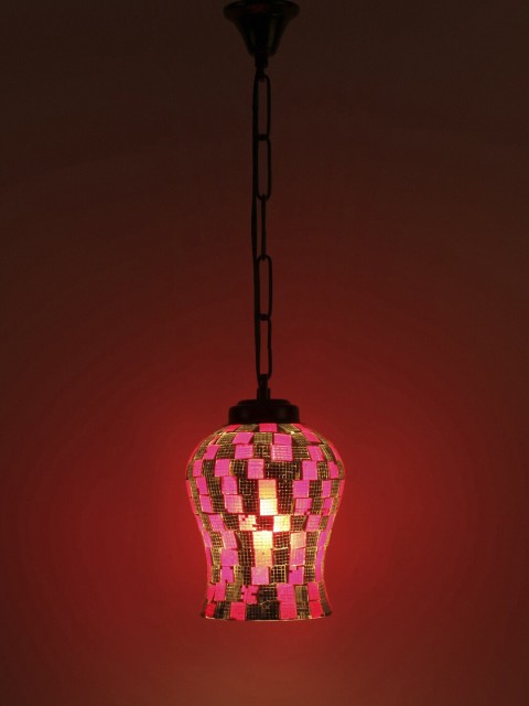 

Devansh Red & Silver-Toned Mosaic Pattern Traditional Glass Hanging Lamp