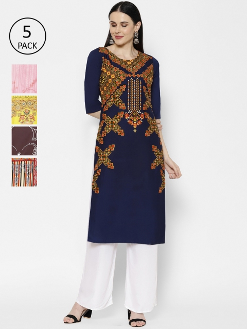

7Threads Women Pack Of 5 Printed Straight Kurtas, Navy blue
