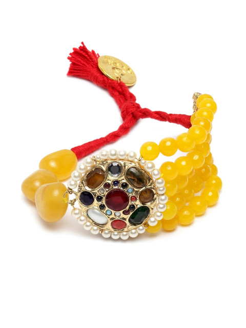 

DUGRISTYLE Gold-Plated Yellow & Brown Pukhraj Studded Pearl Multistranded Handcrafted Sustainable Bracelet