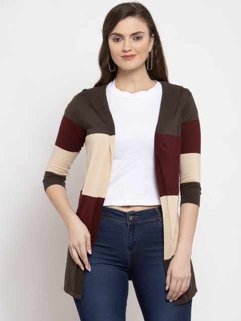 

Kalt Women Maroon & Beige Colourblocked Longline Front-Open Shrug