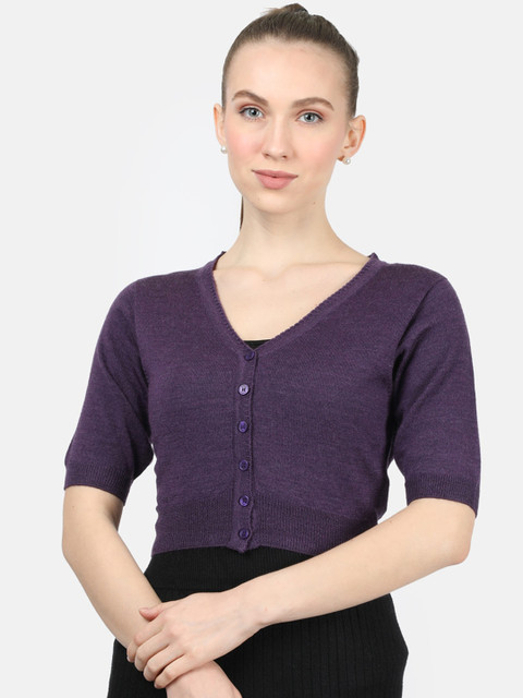 

Monte Carlo Women Purple Solid Cropped Woolen Cardigan Sweater