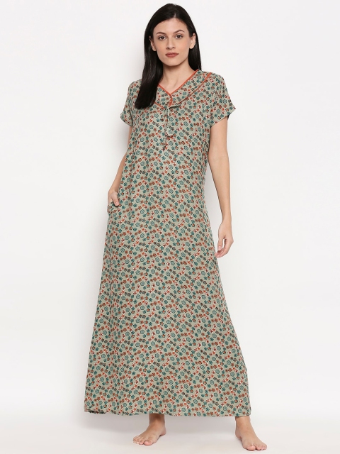 

XIN Women Green & Orange Printed Maxi Night Dress