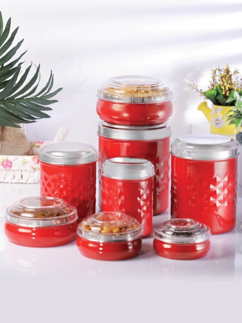 

Jensons 8Pcs Red & Silver Toned Stainless Steel Progetto Series Canister & Belly Storage